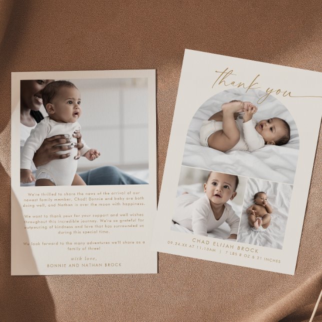 Modern Arch | Cream Photo Collage Thank You Birth Announcement (Creator Uploaded)