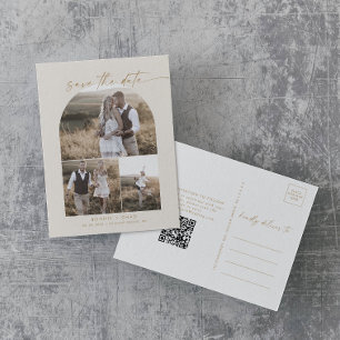 Modern Arch   Cream QR Photo Collage Save the Date Invitation Postcard