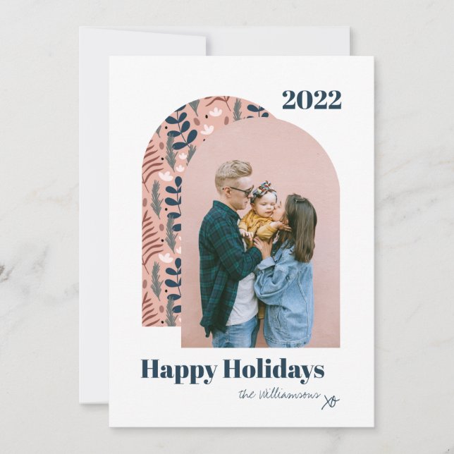 Modern Arch Custom Photo Pink Foliage 2021 Holiday Card (Front)