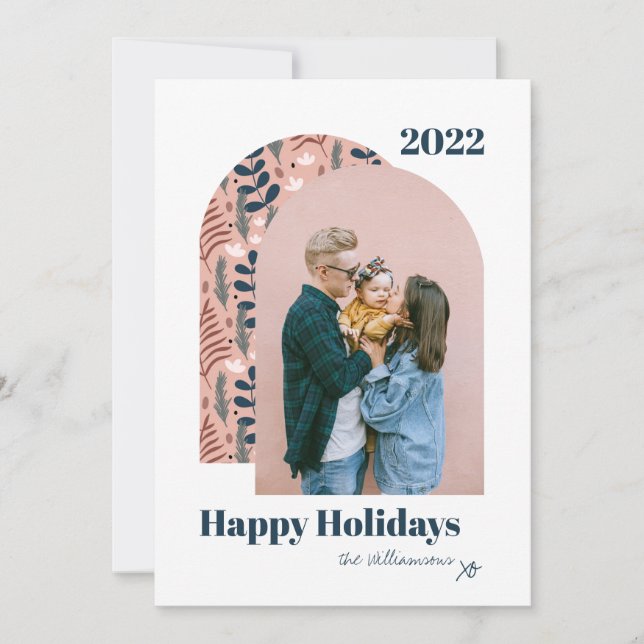 Modern Arch Custom Photo Pink Foliage 2022 Holiday Card (Front)