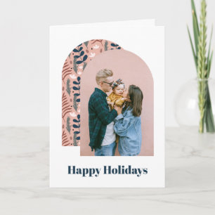 Modern Arch Custom Photo Pink Foliage Holiday Card
