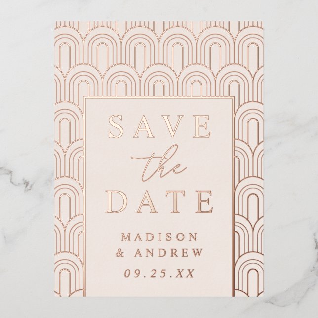 Modern Arch Deco Wedding Save the Date Foil Invitation Postcard (Front)