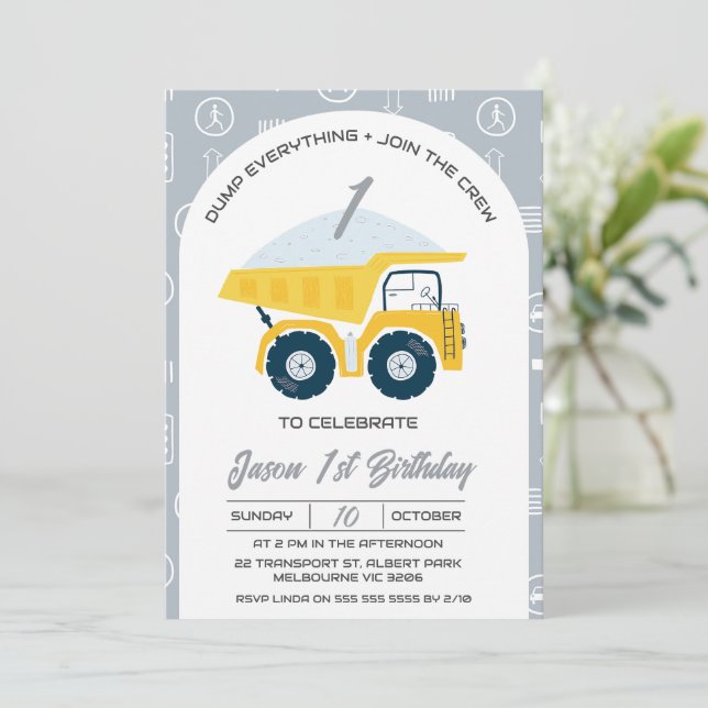 Modern Arch Dump Everything Dump Truck Birthday  Invitation (Standing Front)