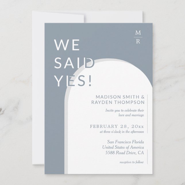 Modern Arch Dusty Blue Photo Wedding Invitation (Front)
