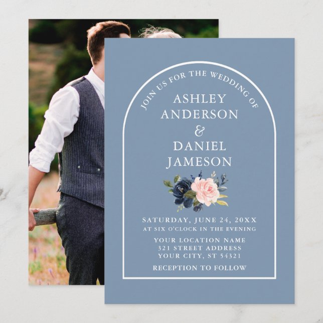 Modern Arch Dusty Blue Pink Floral Photo Wedding Invitation (Front/Back)