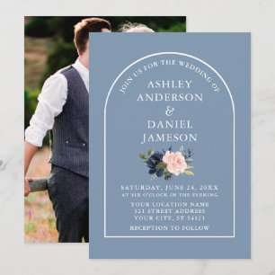 Modern Arch Dusty Blue Pink Floral Photo Wedding Invitation