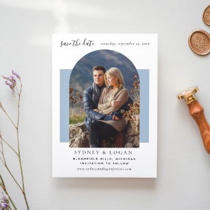 Modern Arch Dusty Blue Wedding Photo Save The Date