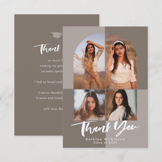 Modern Arch Dusty Silver Grey Photo Graduation Thank You Card (Front/Back)