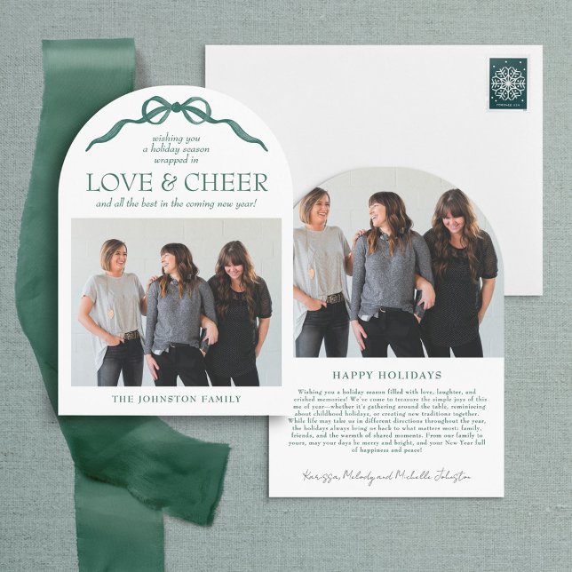 Modern Arch Elegant Green Bow Photo Holiday Card (Creator Uploaded)