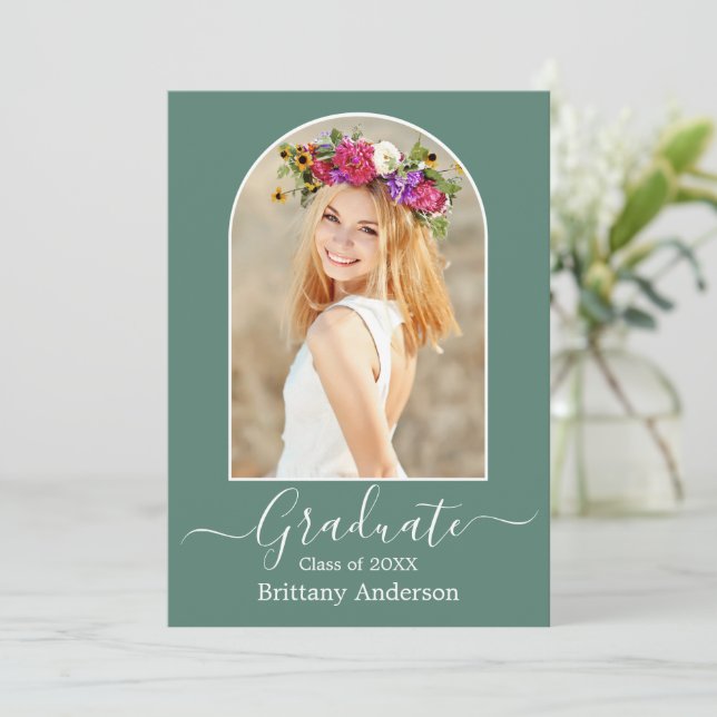 Modern Arch Eucalyptus Green Graduation Announcement (Standing Front)