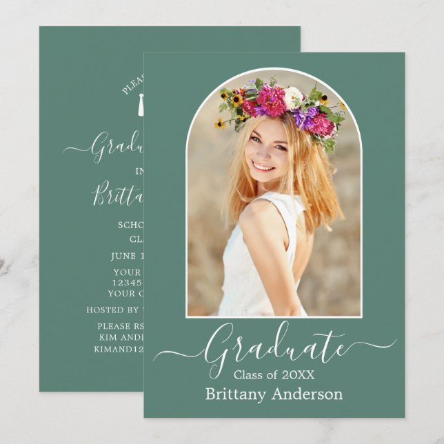 Modern Arch Eucalyptus Green Graduation Party Invitation (Front/Back)