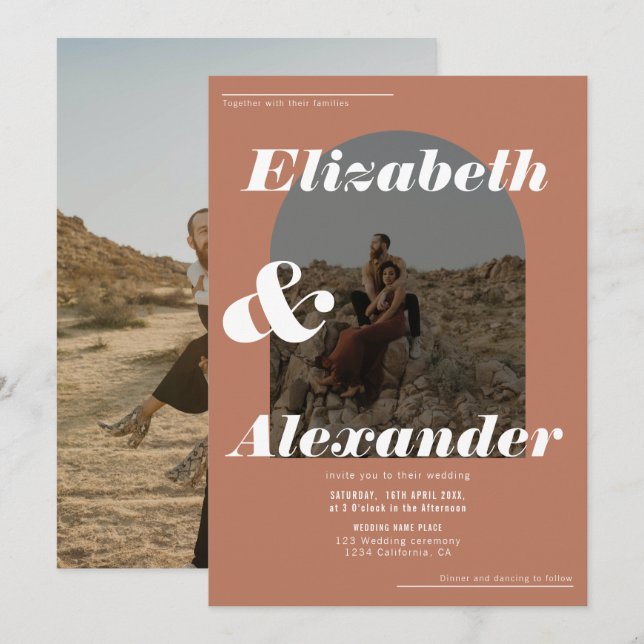 Modern arch fall terracotta photo retro wedding invitation (Front/Back)