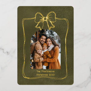 Modern Arch Family Photo and Bow Christmas  Foil Holiday Card