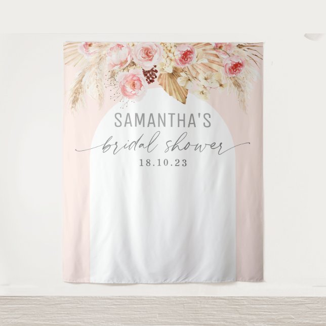 Modern arch  floral bridal shower backdrop tapestry (Front)
