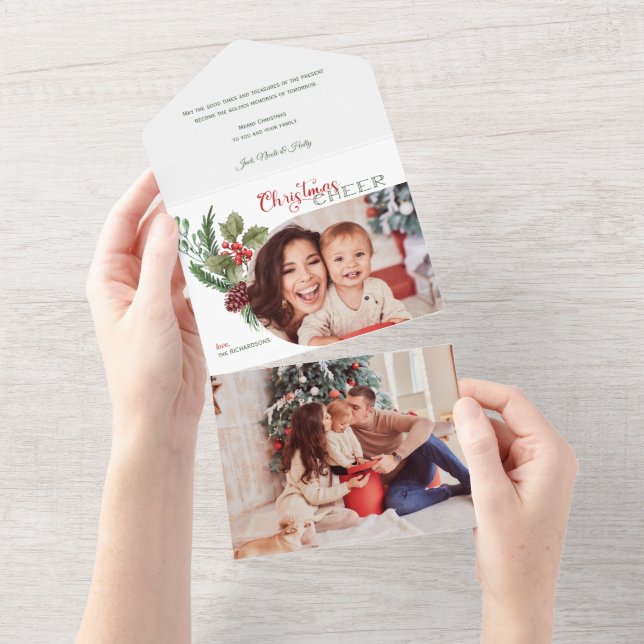 Modern Arch Floral Christmas Cheer Script Photo All In One Invitation (Tearaway)