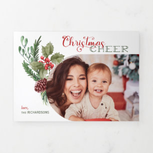 Modern Arch Floral Christmas Cheer Script Photo Tri-Fold Holiday Card