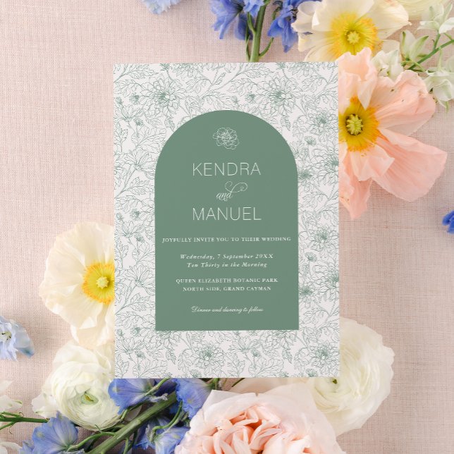 Modern Arch Floral Toile Sage Green Wedding Invitation (Creator Uploaded)