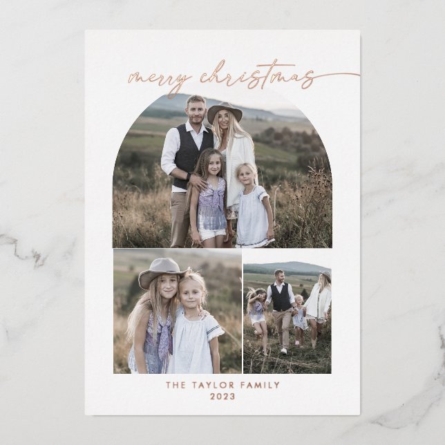 Modern Arch | Foil Photo Collage Family Christmas Foil Holiday Card (Front)