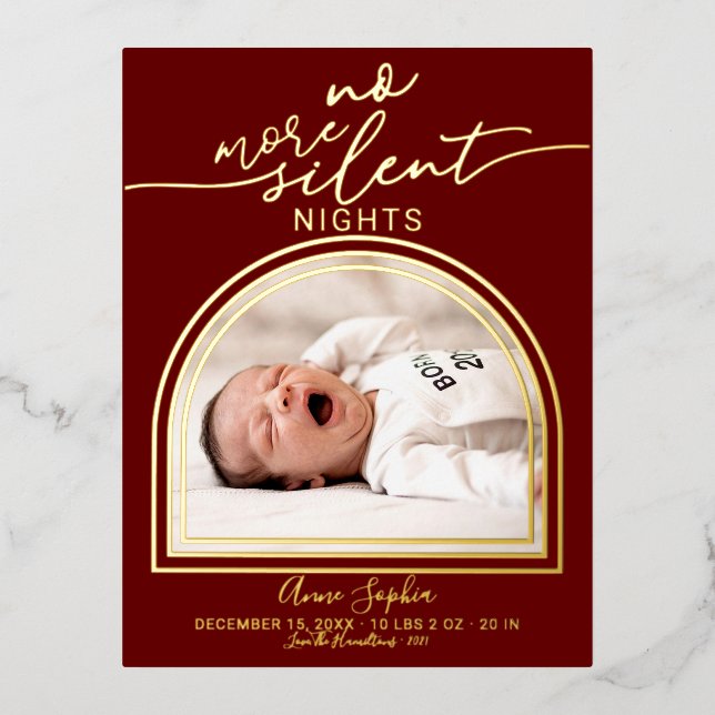 Modern Arch Frame Birth Announcement Foil Postcard (Front)