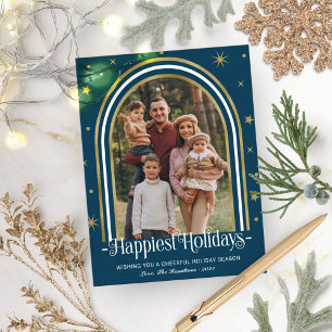 Modern Arch Frame Family Photo Blue Holiday Postcard