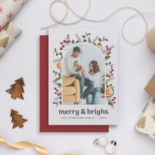 Modern Arch Frame Family Photo Christmas Botanical Holiday Card