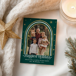 Modern Arch Frame Family Photo Green Holiday Card