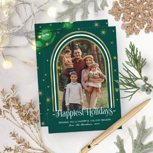 Modern Arch Frame Family Photo Green Holiday Card