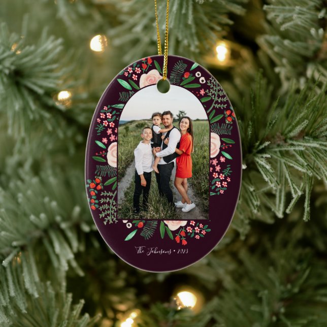 Modern Arch Frame Floral Merry Christmas Photo Ceramic Tree Decoration (Tree)