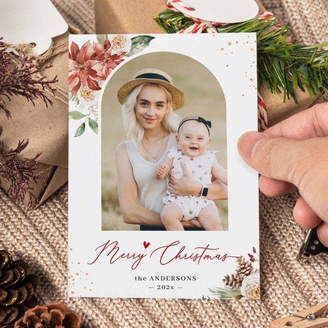 Modern Arch Frame Floral Merry Christmas Photo Holiday Card (Creator Uploaded)