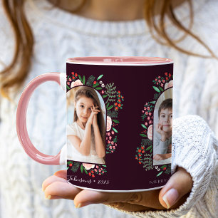 Modern Arch Frame Floral Merry Christmas Photo Mug