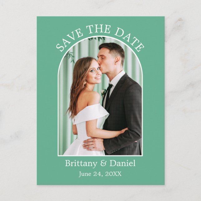 Modern Arch Frame Neo Mint Green Save The Date Postcard (Front)