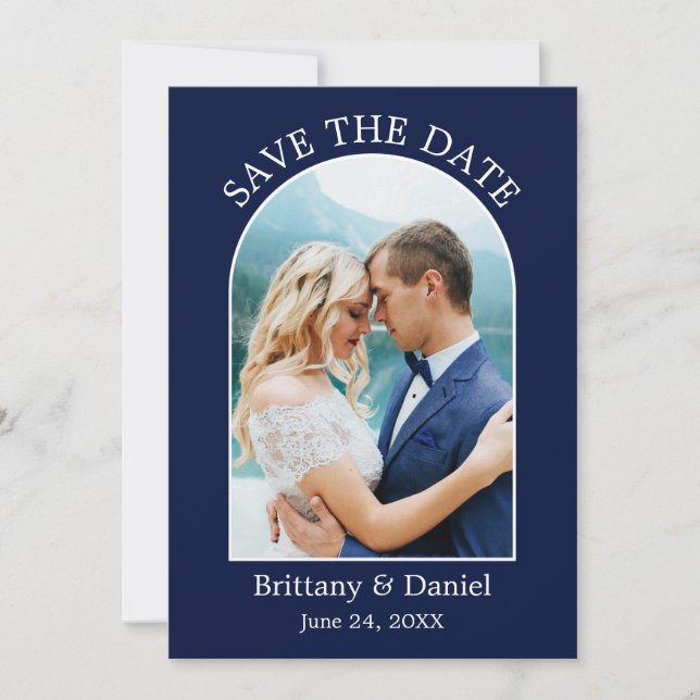 Modern Arch Frame Photo Blue Save The Date (Front)