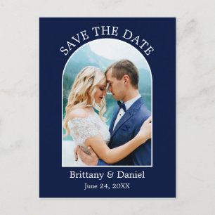 Modern Arch Frame Photo Blue Save The Date Postcard