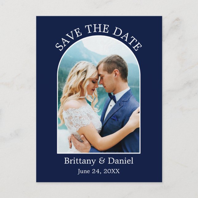 Modern Arch Frame Photo Blue Save The Date Postcard (Front)