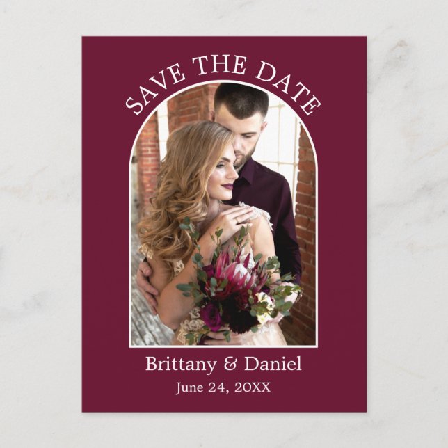 Modern Arch Frame Photo Burgundy Save The Date Postcard (Front)
