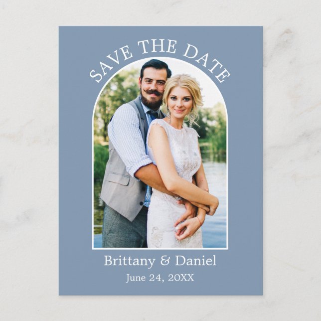 Modern Arch Frame Photo Dusty Blue Save The Date Postcard (Front)