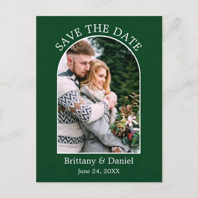 Modern Arch Frame Photo Green Save The Date Postcard (Front)