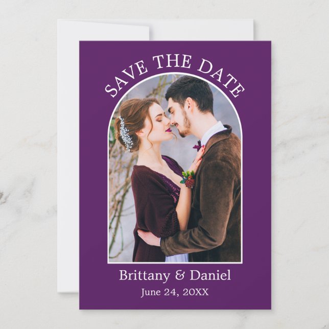 Modern Arch Frame Photo Purple Save The Date (Front)