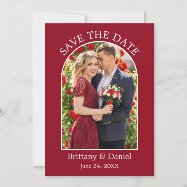 Modern Arch Frame Photo Red Save The Date (Front)