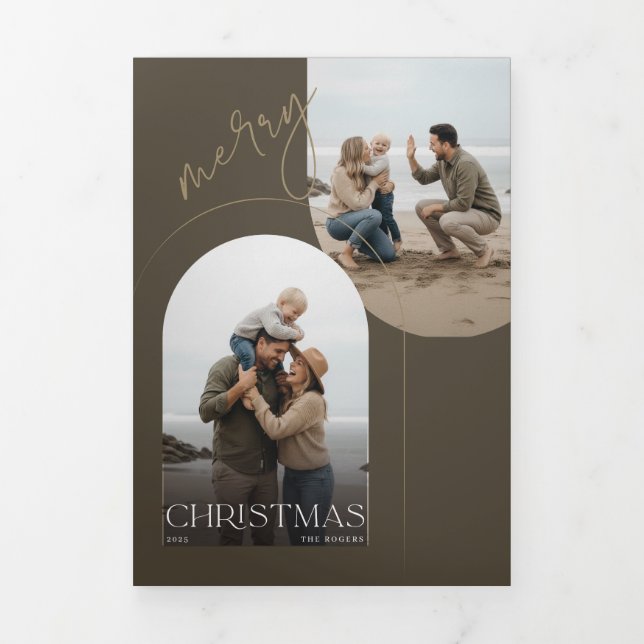 Modern Arch Geometric Beach Photo Family Christmas Tri-Fold Holiday Card (Cover)