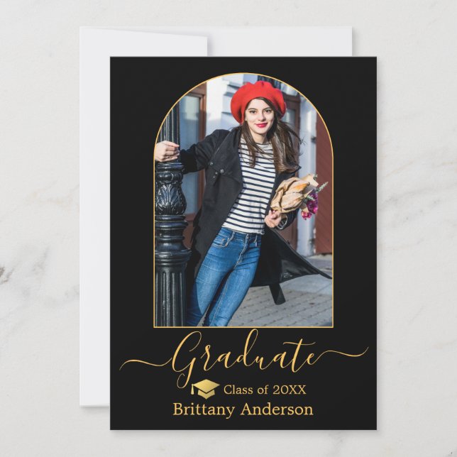 Modern Arch Gold Cap Calligraphy Photo Graduation Announcement (Front)