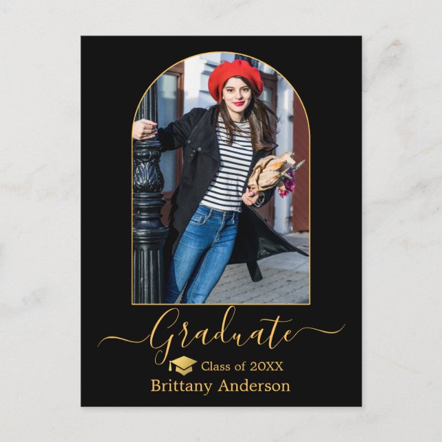 Modern Arch Gold Cap Calligraphy Photo Graduation  Postcard (Front)