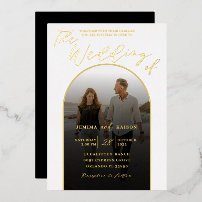 Modern Arch Gold Foil Script & Photo Wedding (Front/Back)