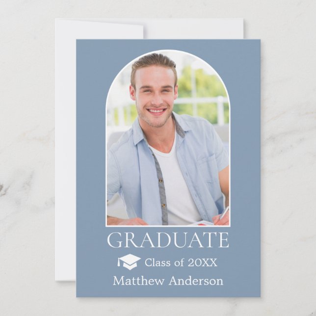 Modern Arch Grad Cap Dusty Blue Graduation Announcement (Front)