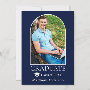 Modern Arch Grad Cap Photo Blue Graduation Announcement