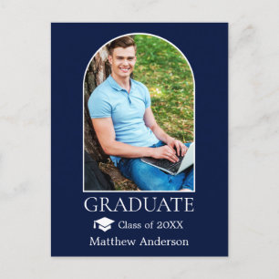 Modern Arch Grad Cap Photo Blue Graduation Postcard