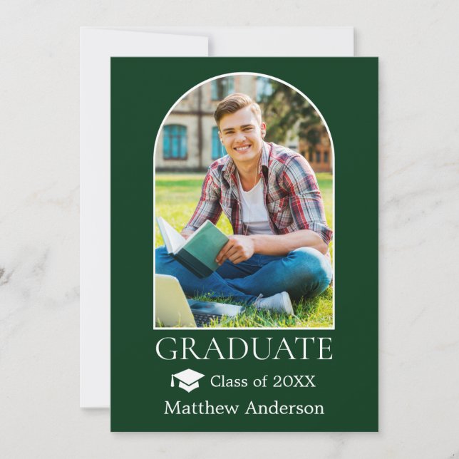 Modern Arch Grad Cap Photo Green Graduation Announcement (Front)