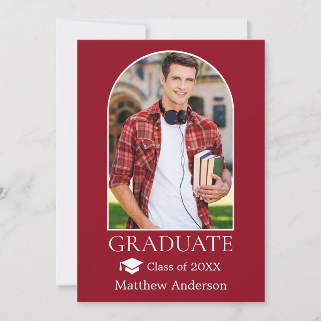 Modern Arch Grad Cap Photo Red Graduation Announcement (Front)
