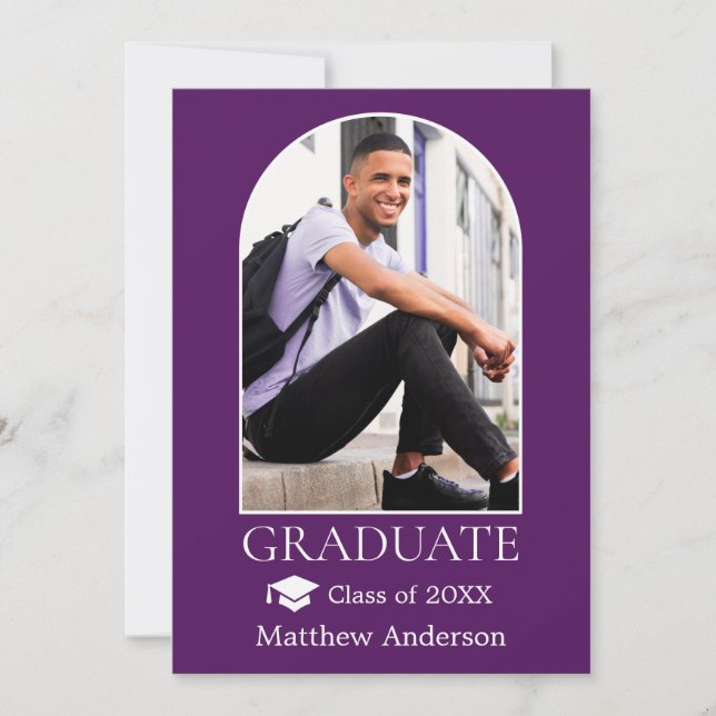 Modern Arch Grad Cap Purple Graduation Announcement (Front)