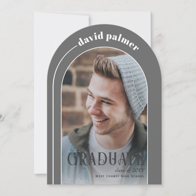 Modern arch GRADUATE grey graduation photo Invitation (Front)